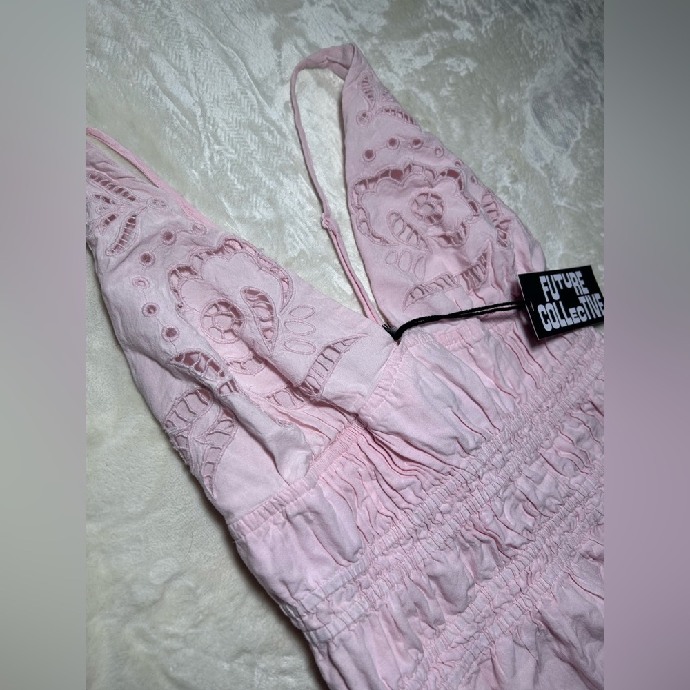 NWT Future Collective Light Pink Scalloped Eyelet Maxi A-Line Dress, Smocked - Picture 4 of 15